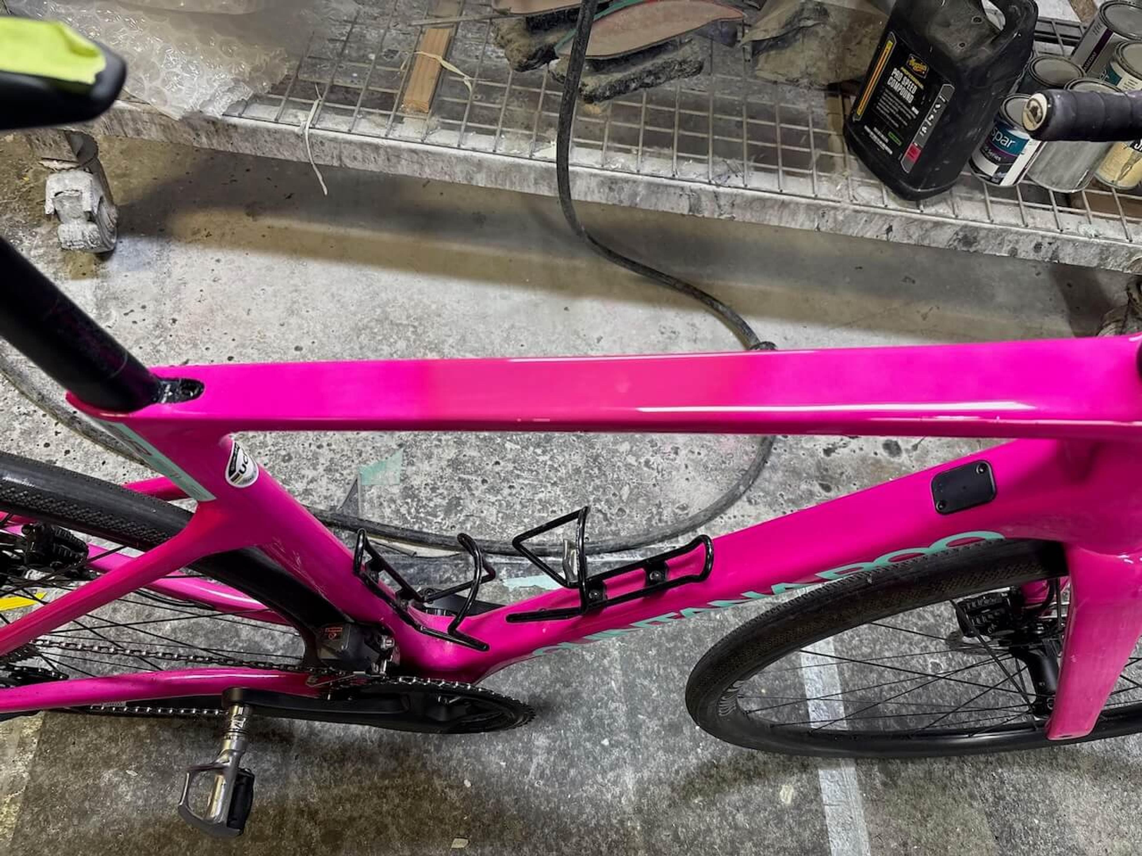 Completed Quintana Roo SRfive frame repair Finished pink Quintana Roo SRfive road bike after carbon fiber frame repair